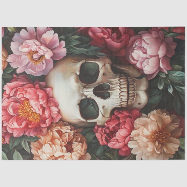 Decoupage Artistic Depiction Skull Face in Peonies Tissue Paper (Front)