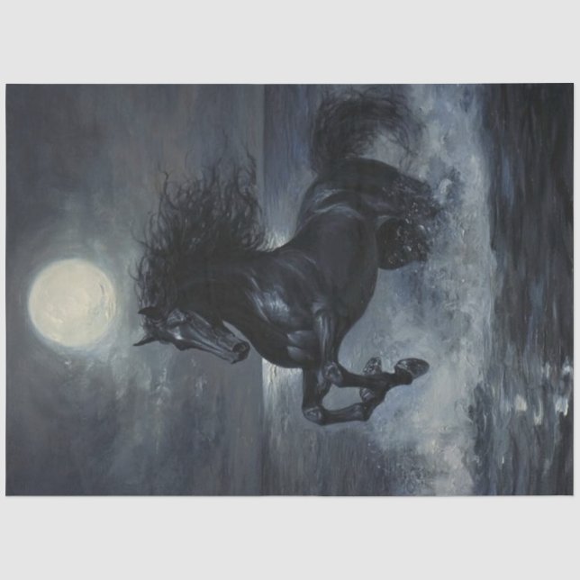 Decoupage Black Horse Dark Moonlit Ocean Scene Tissue Paper (Front)