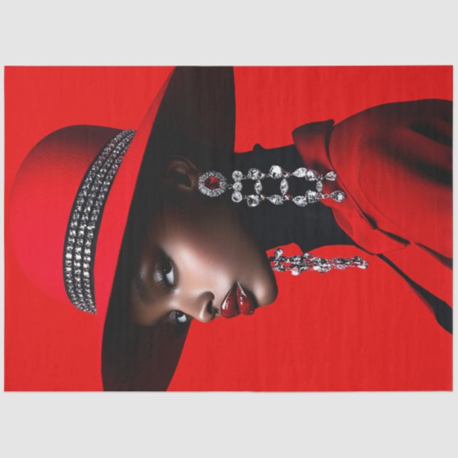 Decoupage Black Model Striking Red Hat  Tissue Paper (Front)