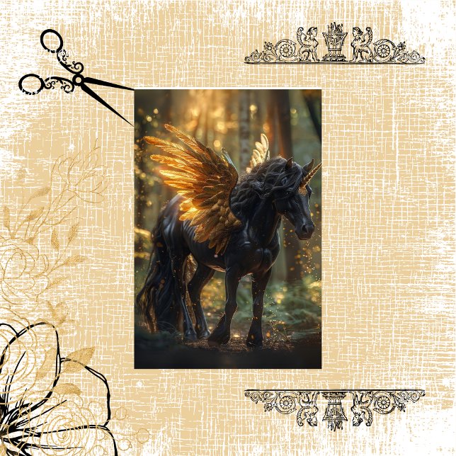 Decoupage Black Unicorn Golden Wings Forest Tissue Paper (Creator Uploaded)