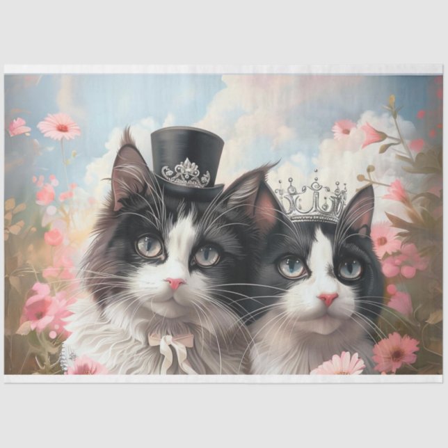 Decoupage Black White Cat Couple Field Flowers Tissue Paper (Front)