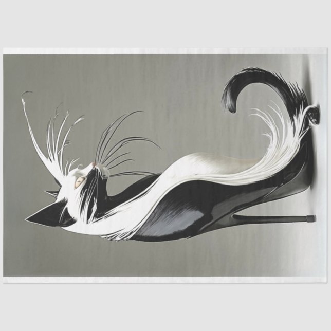 Decoupage Black White Cat in High Heel Shoe  Tissue Paper (Front)