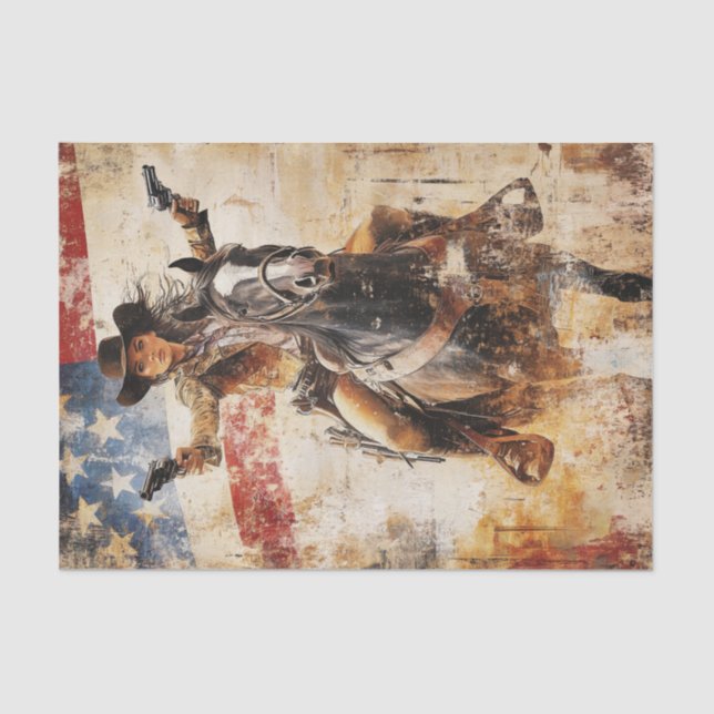 Decoupage Blonde Gunslinger on Horse American Flag Tissue Paper (Front)