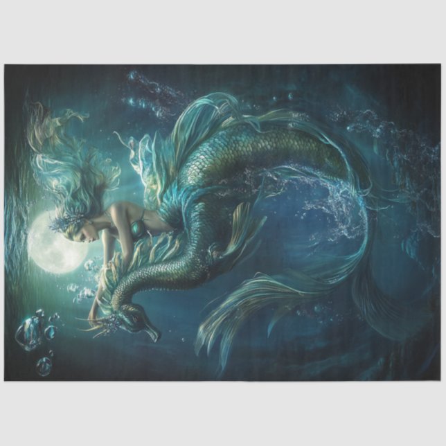 Decoupage Blue Mermaid on Sea Dragon Bubbles Tissue Paper (Front)