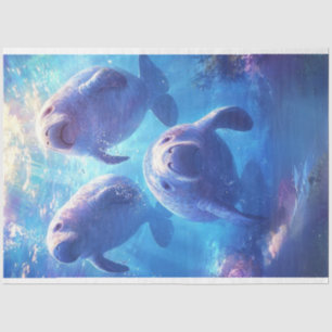 Decoupage Blue Ocean Waters Sad Manatee Family  Tissue Paper
