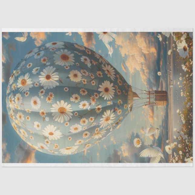 Decoupage Blue White Daisy Fabric Hot Air Balloon  Tissue Paper (Front)