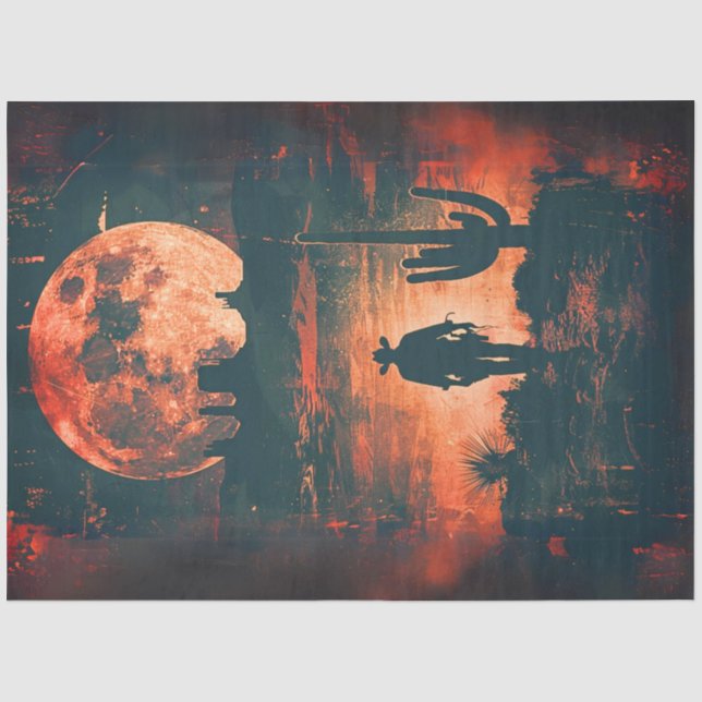 Decoupage Bold Western Scene Cowboy Orange Moon  Tissue Paper (Front)