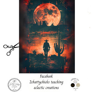 Decoupage Bold Western Scene Cowboy Orange Moon  Tissue Paper