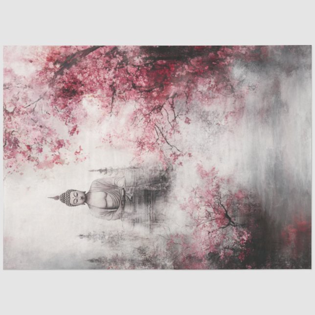 Decoupage Buddha Cherry Blossom Trees Lotus Flower Tissue Paper (Front)