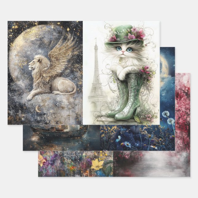 Decoupage Buddha, Girl Rabbit, Dandelions, Cat Wrapping Paper Sheet (Set)