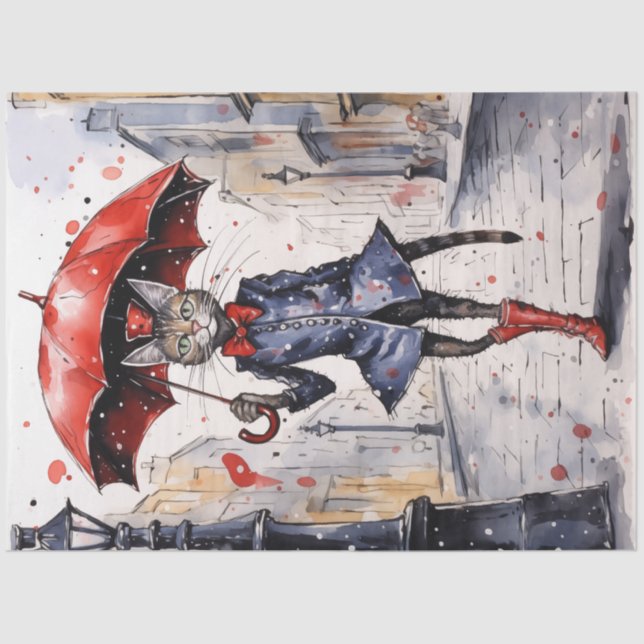 Decoupage Cat with red umbrella waling in the rain Tissue Paper (Front)