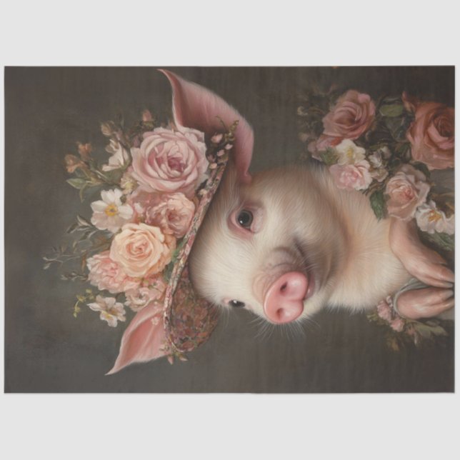 Decoupage Charming Pig Ordained in Pink Flowers Tissue Paper (Front)