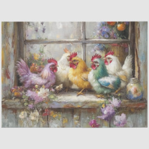 Decoupage Chickens Perched on Windowsill  Tissue Paper