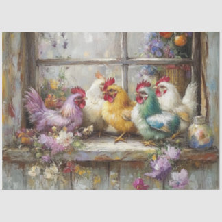 Decoupage Chickens Perched on Windowsill  Tissue Paper
