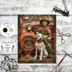 Decoupage Child Firefighter Dalmatian Fire Truck  Tissue Paper