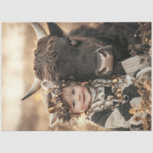 Decoupage Child Highland Cow in Field Tissue Paper