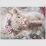 Decoupage Christmas Highland Cow Pink Decor Tissue Paper<br><div class="desc">The image shows a cute, fluffy highland cow wearing a pink Santa hat adorned with holly leaves and berries. The background is winter-themed with falling snowflakes and a decorated Christmas tree with pink ornaments and white snowflakes on the left side. Pink poinsettia flowers are also seen at the bottom right...</div>