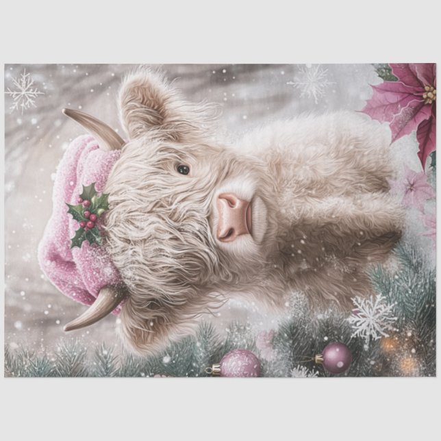 Decoupage Christmas Highland Cow Pink Decor Tissue Paper (Front)