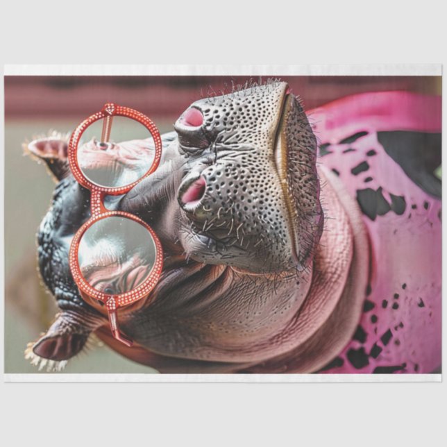 Decoupage Close Up Hippo Large Red Glasses Tissue Paper (Front)