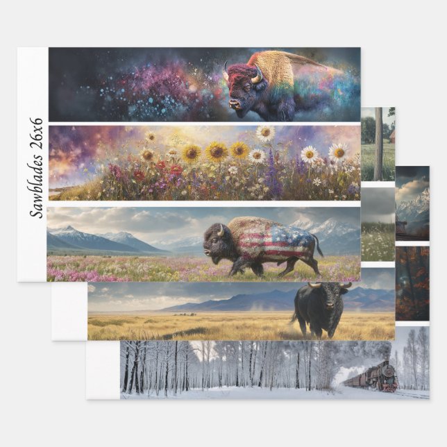 Decoupage Cosmic Bison Wildflower Handsaw Designs  Wrapping Paper Sheet (Set)