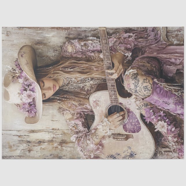 Decoupage Country Girl Guitar Singer Lilac Dress Tissue Paper (Front)