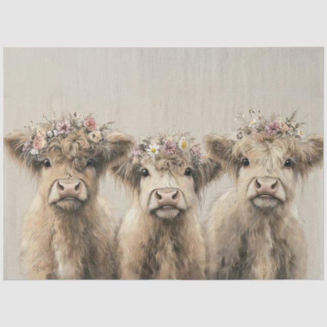 Decoupage Countryside Highland Calves Floral Crown Tissue Paper (Front)