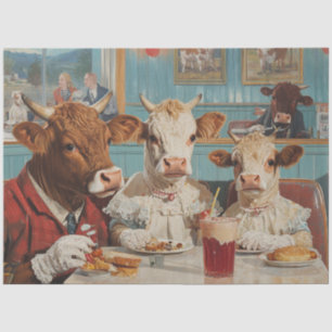 Decoupage Cow Family Sitting in Vintage Diner  Tissue Paper