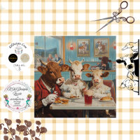 Decoupage Cow Family Sitting in Vintage Diner 