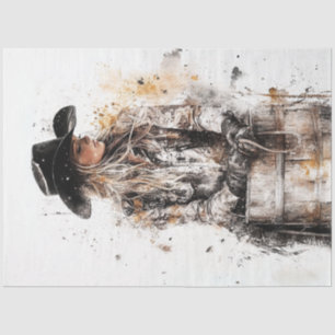 Decoupage Cowgirl Barrel Racer in Front of Barrel  Tissue Paper