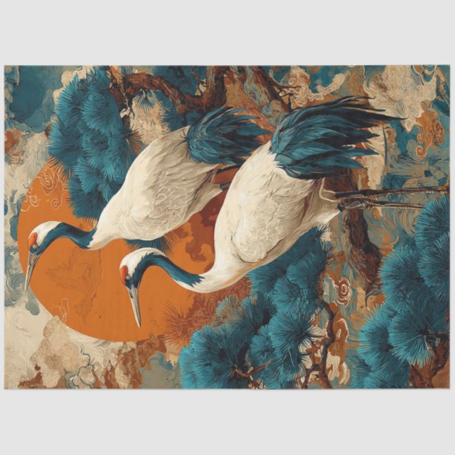 Decoupage Cranes Asian Pine Tree with Rising Sun Tissue Paper (Front)