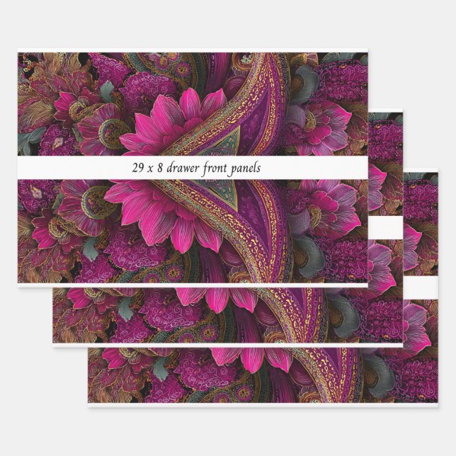 Decoupage Drawer Front Panel Paisley Fuchsia Gold Wrapping Paper Sheet (Set)