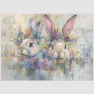 Decoupage Easter Bunnies Art Abstract Panel  Tissue Paper