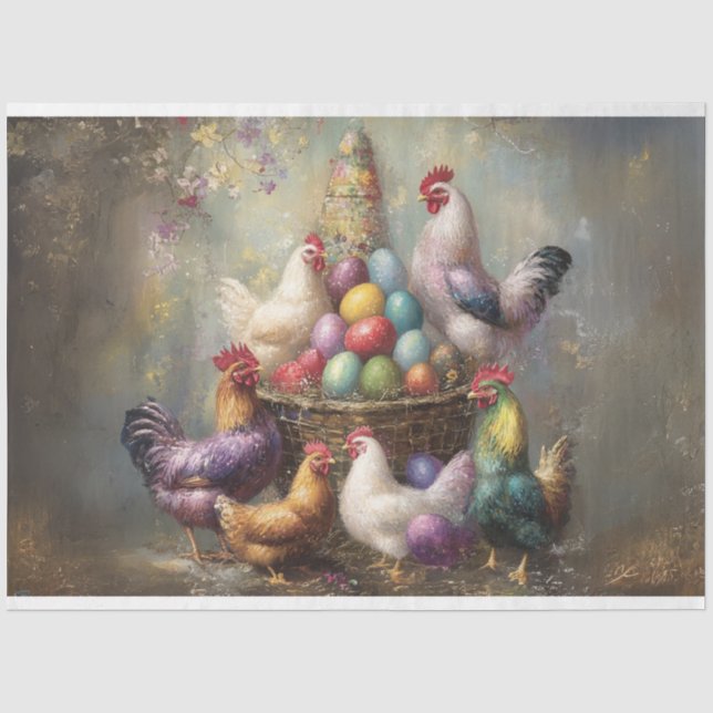 Decoupage Easter Chickens Roosters Bright Eggs  Tissue Paper (Front)