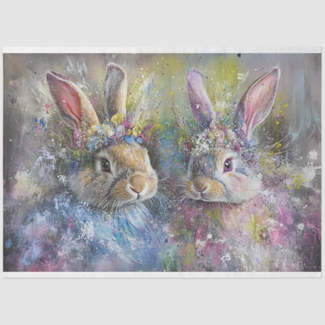Decoupage Easter Rabbits Watercolor Whimsical  Tissue Paper (Front)