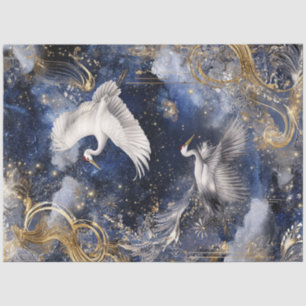 Decoupage Elegant Cranes in Flight Blue Gold Sky  Tissue Paper