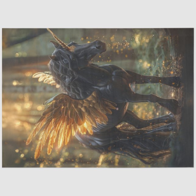 Decoupage Fantasyland Black Unicorn Gold Wings  Tissue Paper (Front)