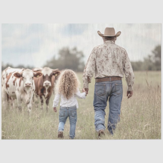 Decoupage Father Daughter Hand n Hand Cow Field Tissue Paper (Front)