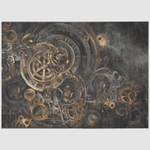 Decoupage Faux Finish Stenciled Gears Bronze Metal Tissue Paper