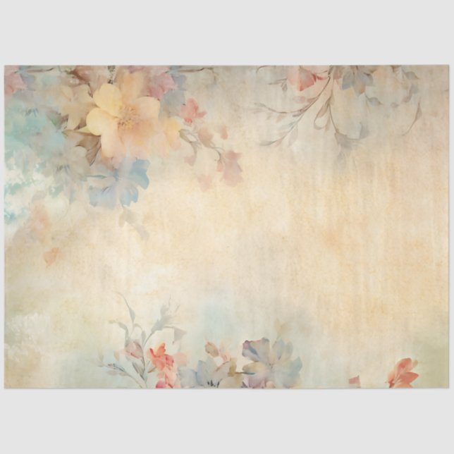 Decoupage Floral Tan Vermillion Pale Yellow Blue | Tissue Paper (Front)