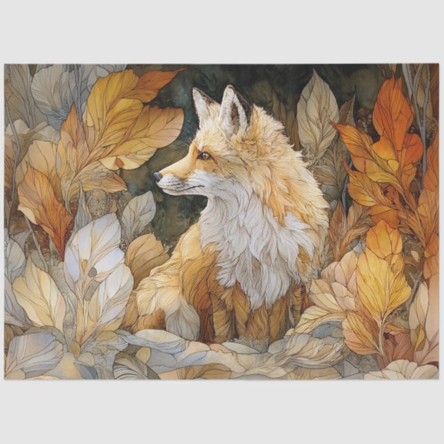 Decoupage Fox with Autumn Leaves Art Nouveau Tissue Paper (Front)