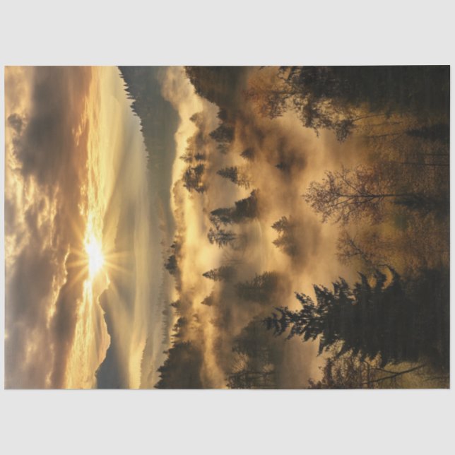 Decoupage Golden Forest Landscape Fog Sunrise Tissue Paper (Front)