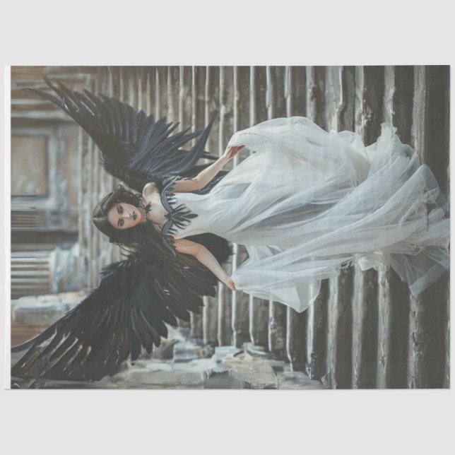 Decoupage Gothic Good Angel White Dress Black Wing Tissue Paper (Front)