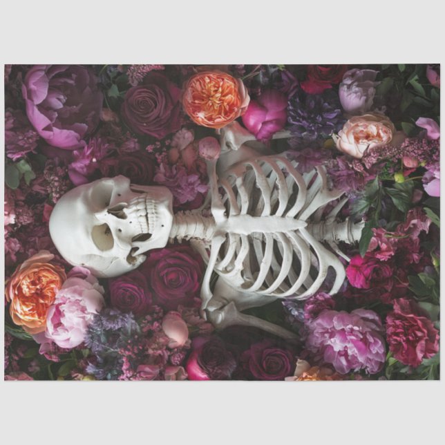 Decoupage Gothic Skeleton Couple Peach Flowers Tissue Paper (Front)