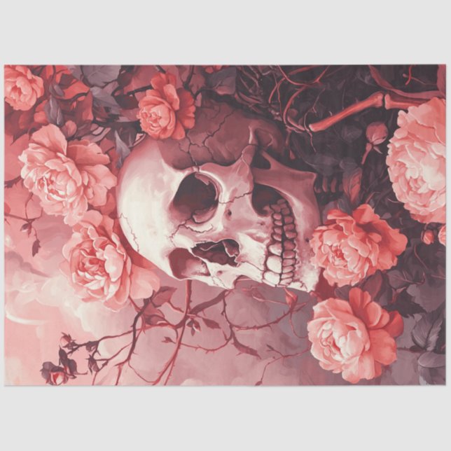 Decoupage Gothic Skull Surrounded & Peach Flowers Tissue Paper (Front)