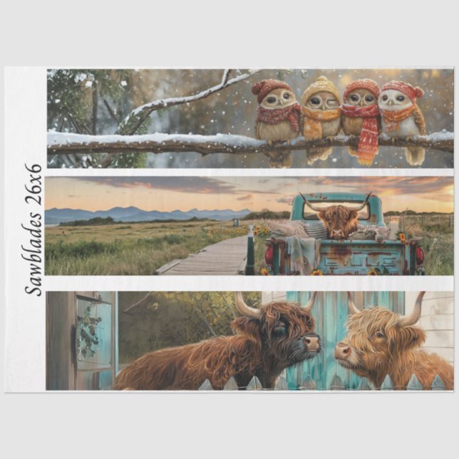 Decoupage Handsaw Papers Owl, Highland Cow, Farm  Tissue Paper (Front)