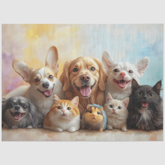 Decoupage Happy Joyful Dogs, Cats, Mouse  Tissue Paper (Front)