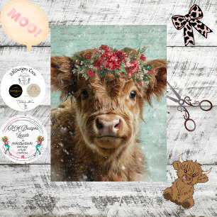 Decoupage Highland Calf Christmas Scene Snowing Tissue Paper
