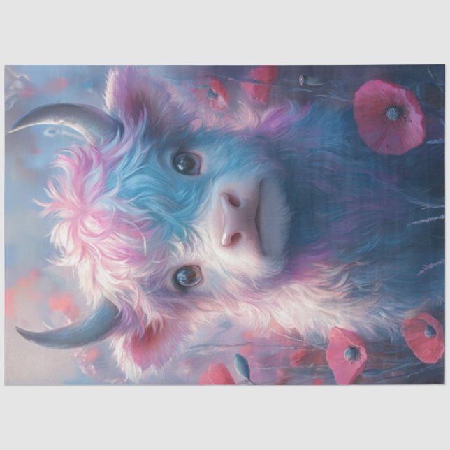 Decoupage Highland Calf Surrounded Poppies Tissue Paper (Front)