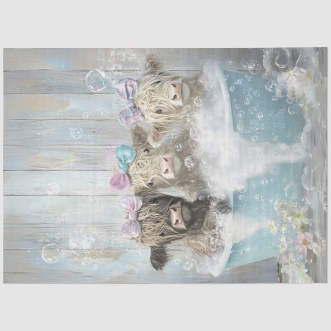 Decoupage Highland Calves In Bubble Bath Blue Tub  Tissue Paper (Front)