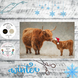 Decoupage Highland Cow Calf Kissing in the Snow Tissue Paper